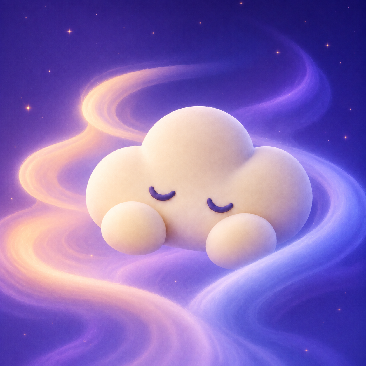Baby Hele cloud surrounded by flowing lavender and peach harmonies